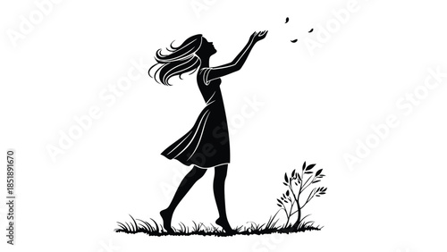 Woman releasing leaves in serene natural setting freely