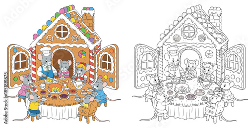 A large mouse family enjoying a feast in a mansion made of gingerbread Adorable cartoon figures consuming cake and cheese A black and white outline and vector image for a coloring book page