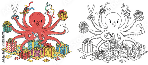 A humorous octopus with numerous arms wrapping Christmas presents A cute cartoon character with ribbons and scissors A black-and-white sketch and vector graphic for a coloring book page