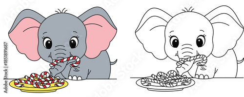 An adorable cartoon elephant consumes candy canes from a dish Isolated on a white backdrop this vector art has a black and white outline for a coloring book page