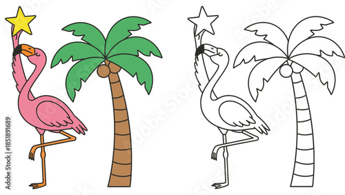 Adorable flamingo by a palm tree clutching a star Isolated on a white backdrop this vector art has a black and white outline for a coloring book page