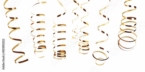 Golden streamers and ribbons cascading down on a white background