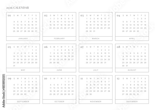 Minimalist 2026 full-year calendar template on a light blue background. Features a clean 12-month grid layout, perfect for business planning, personal scheduling, and stationery design.