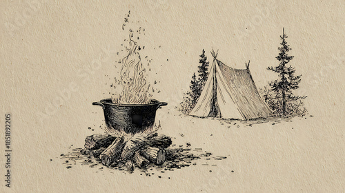 rustic campfire in the foreground monochrome ink illustration nature minimalist