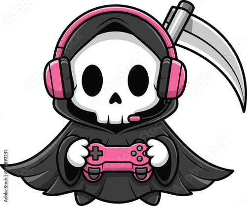 Grim Reaper gaming character, cartoon skull, pink headset, video game controller, dark humor, modern gamer, flat vector illustration