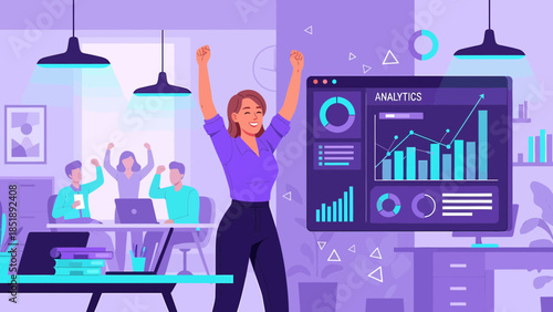 Woman Celebrating Success with Data Analysis.