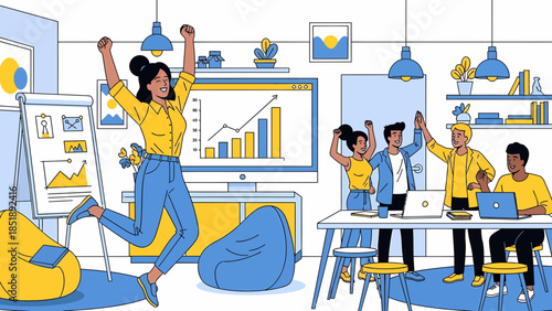 Woman Celebrating Success with Colleagues in Office.