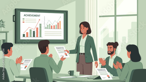 Woman presenting data to colleagues in meeting.