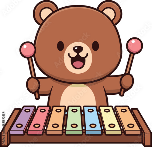 Cartoon bear playing xylophone, colorful musical instrument, joyful animal character, music education theme, flat vector illustration, kids learning concept