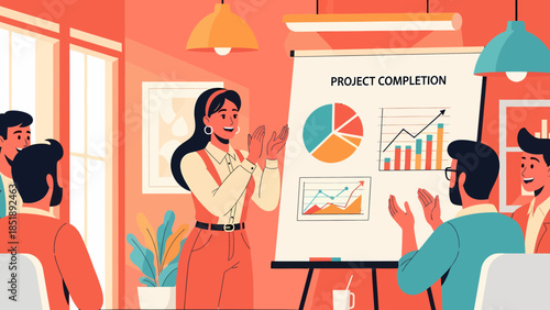 Woman Presenting Project Completion Data to Team 1.