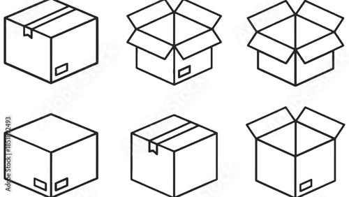 Set of cardboard boxes in various states of opening and closing