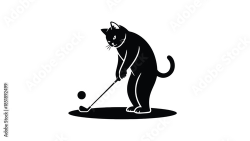 Black cat playing golf with focused stance