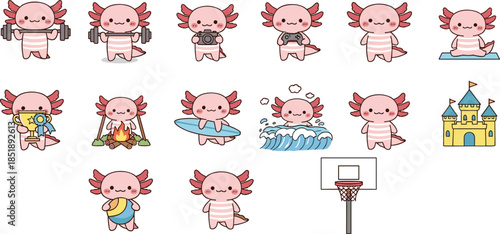 Cute axolotl cartoon character, flat vector illustration, hobbies, sports, beach, camping, gaming, yoga, surfing, photography, achievement, fun activities
