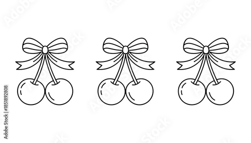 Three pairs of cherries with bows in a row line on white background cherry fruit ribbon
