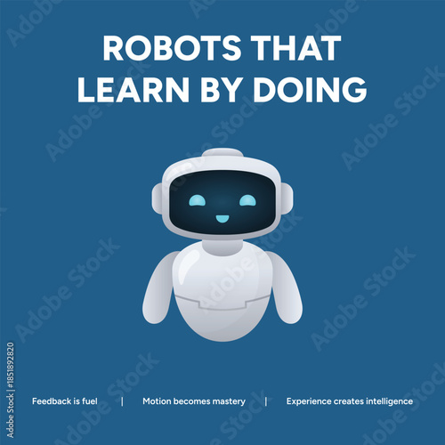 Cute White Robot Character Representing Artificial Intelligence and Machine Learning that Learns by Doing Concept