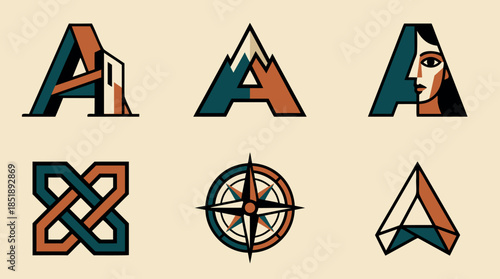 Stylized representations of letters, mountains, a compass, and abstract shapes.