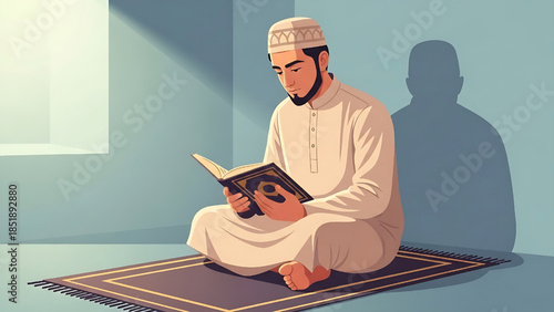 Flat design semi-detailed illustration of a Muslim man reading the Quran quietly after tarawih prayer.