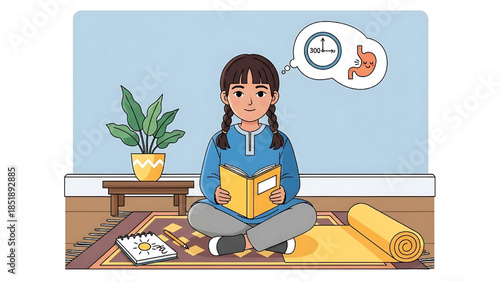 Flat design semi-detailed illustration of a child learning to fast during Ramadan with patience and positive attitude.
