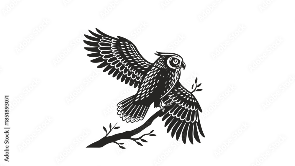 Fototapeta premium Majestic owl taking flight from tree branch in black silhouette