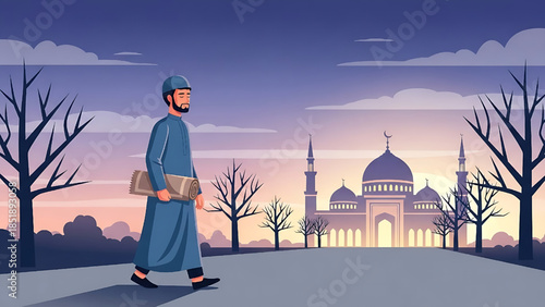 Muslim Man Walking to Mosque at Dawn in Ramadan