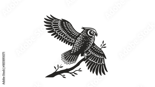 Majestic owl taking flight from tree branch in black silhouette