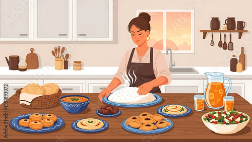 Flat design semi-detailed illustration of a Muslim woman preparing iftar meals in the kitchen during Ramadan.