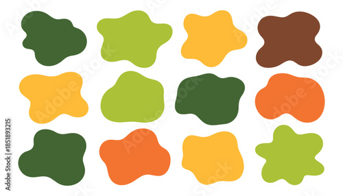 Twelve organic blob shapes in green yellow orange and brown colors on white background abstract organic shapes