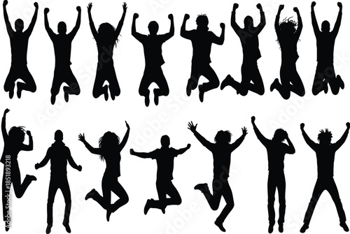 Jumping people silhouettes expressing joy, freedom, and celebration, dynamic group energy isolated on white background for success concepts