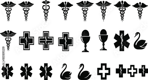 Medical healthcare symbols silhouettes collection isolated on white background caduceus cross swan emergency icons illustration clinic design vector