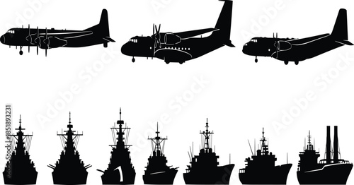 Military aircraft and naval warship silhouettes collection isolated on white background defense transportation illustration aviation navy combat design
