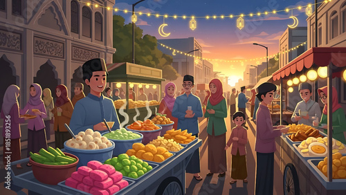 Flat design semi-detailed illustration of a street vendor selling takjil before sunset during Ramadan.