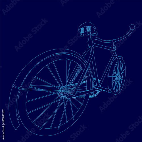 Detailed blueprint of a bicycle contour on a solid blue background, highlighting the frame, handlebars, pedals, and wheels.