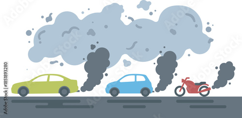 Air pollution from vehicles, car exhaust smoke, motorcycle emissions, urban traffic pollution, environmental damage, climate impact, toxic fumes, sustainability crisis, smoggy highway scene