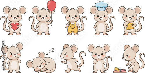 Cartoon mouse character set, cute animal poses, expressive rodent illustration, cheese, heart, balloon, sleeping, walking, thinking, sitting, chef outfit