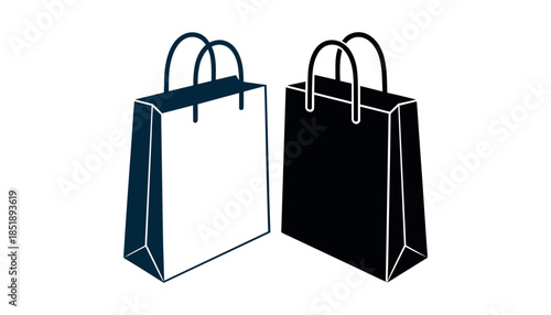 Two shopping bags one white one black with dark blue handles on white background white bag black bag