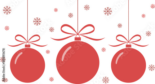 Red Christmas ornaments, festive decoration, holiday vector, hanging baubles, snowflake background, seasonal design, winter celebration, ribbon bows, white backdrop, cheerful graphic