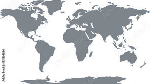 World map silhouette, grey continent vector, minimalist globe outline, global geography shape, blank earth design, educational layout, international reference graphic