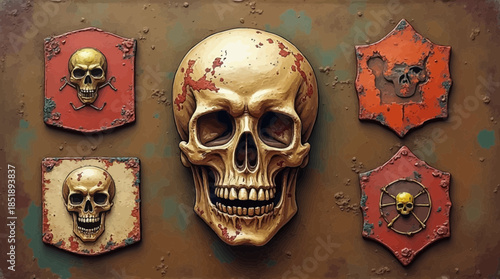 Detailed illustration of human skulls and decorative emblems on a textured background