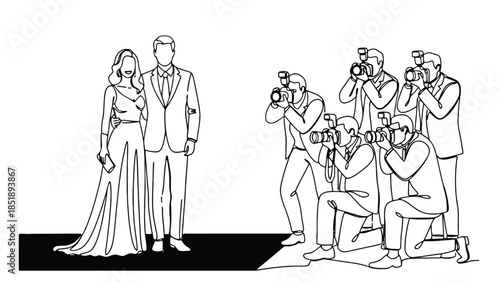 Elegant couple on red carpet with paparazzi