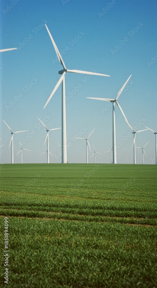 Fototapeta premium Field of wind turbines generating clean energy. Renewable power source for sustainable development. Industrial landscape with green grass.