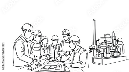 Engineers and technicians reviewing industrial plans together