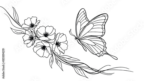 Elegant butterfly and flowers line art design