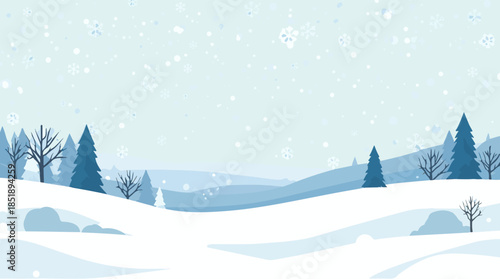 Vector template winter emotional illustration, featuring a serene and icy landscape with snowflakes gently falling, in a flat design style, with a predominantly