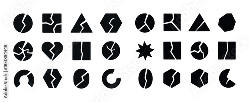 Collection of 23 unique broken geometric shapes in black on whit