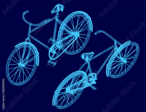 Detailed blueprint of two unique bicycle wireframes on a solid blue background. The technical illustration highlights their distinct designs and structural components with clean white lines.
