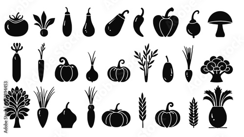 Variety of fresh vegetables and fruits in black silhouette