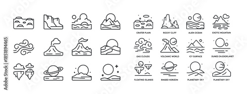 Set of simple line icons illustrating various extraterrestrial l