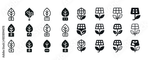 Collection of solar panels and renewable energy leaf icons in va