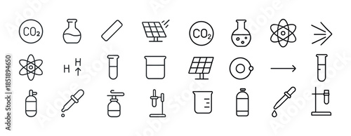 Science icons set: chemistry and physics symbols including co2,