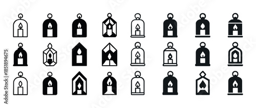 Collection of decorative candle lantern icons in various geometr